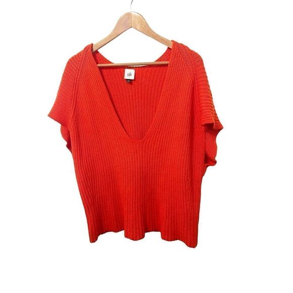 CAbi Ruby Red Slouchy Knit Pullover Short Sleeve V-Neck Sweater‎ - Picture 3 of 6